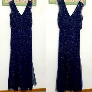 Aidan Mattox Sequin v-neck & back mermaid navy full length evening dress 8 women